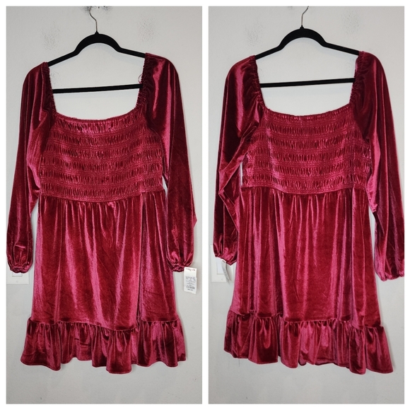 NWT Lauren Conrad Berry Wine Red Velvet Babydoll Smocked Dress Long Sleeve XLP - Picture 3 of 12